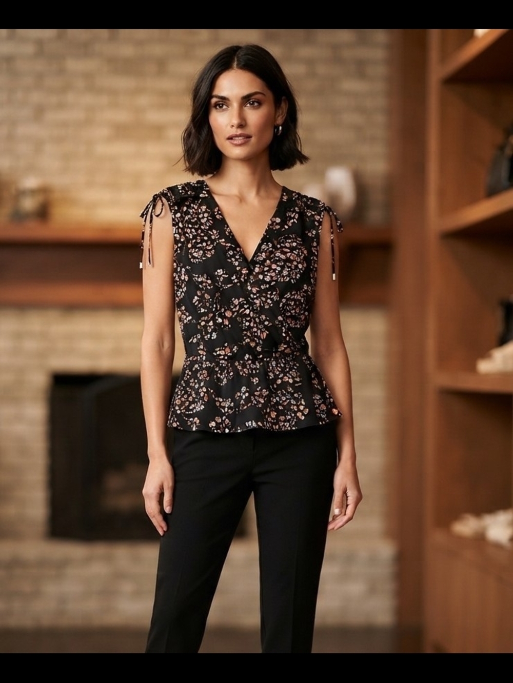White House Black Market Black Floral Tie-Shoulder Peplum Top